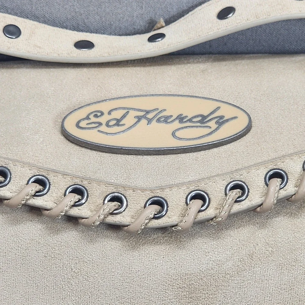 Ed Hardy Shoulder Bag Tan Faux Suede Lace Up Studded Y2K Women OS EHH392R1B NWT